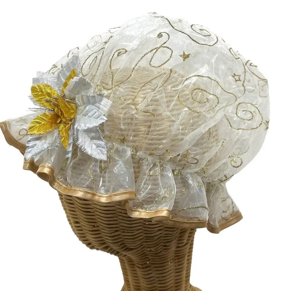 Shower Cap Vintage Mad Cap Bathing Cap Style Gold Detail Glitter Attached Flower